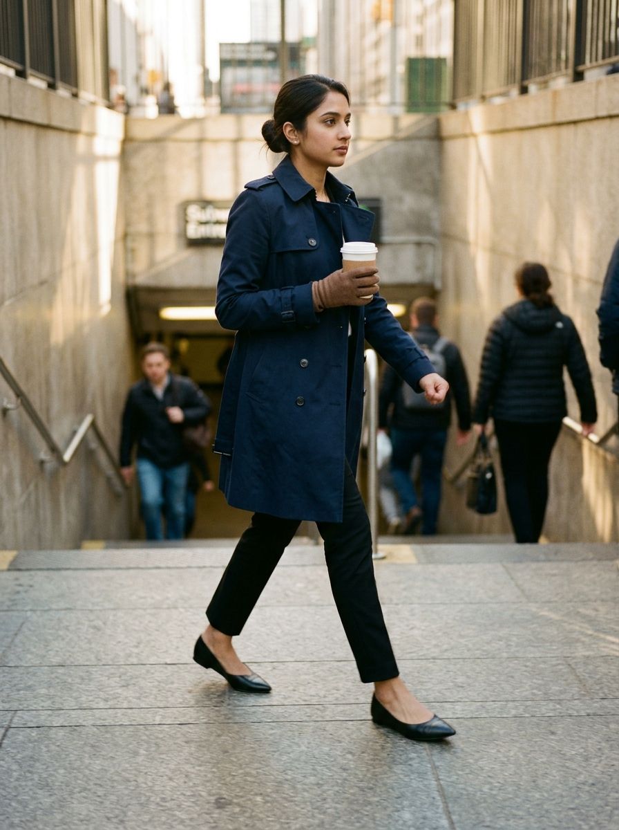 A woman with a coffee walking up subway stairs in black flats