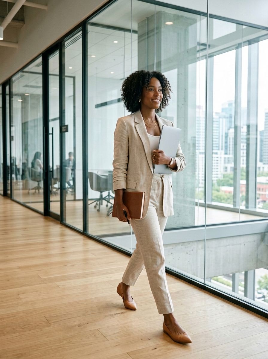 A woman in an oatmeal suit walking through a glass office