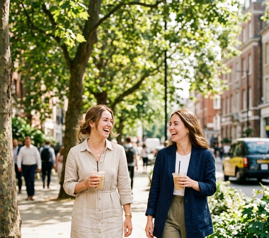 Two colleagues laughing on a sunny street with iced coffees