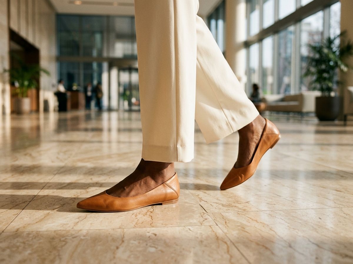 A woman in cream trousers and tan pointed flats striding across a sunlit marble lobby