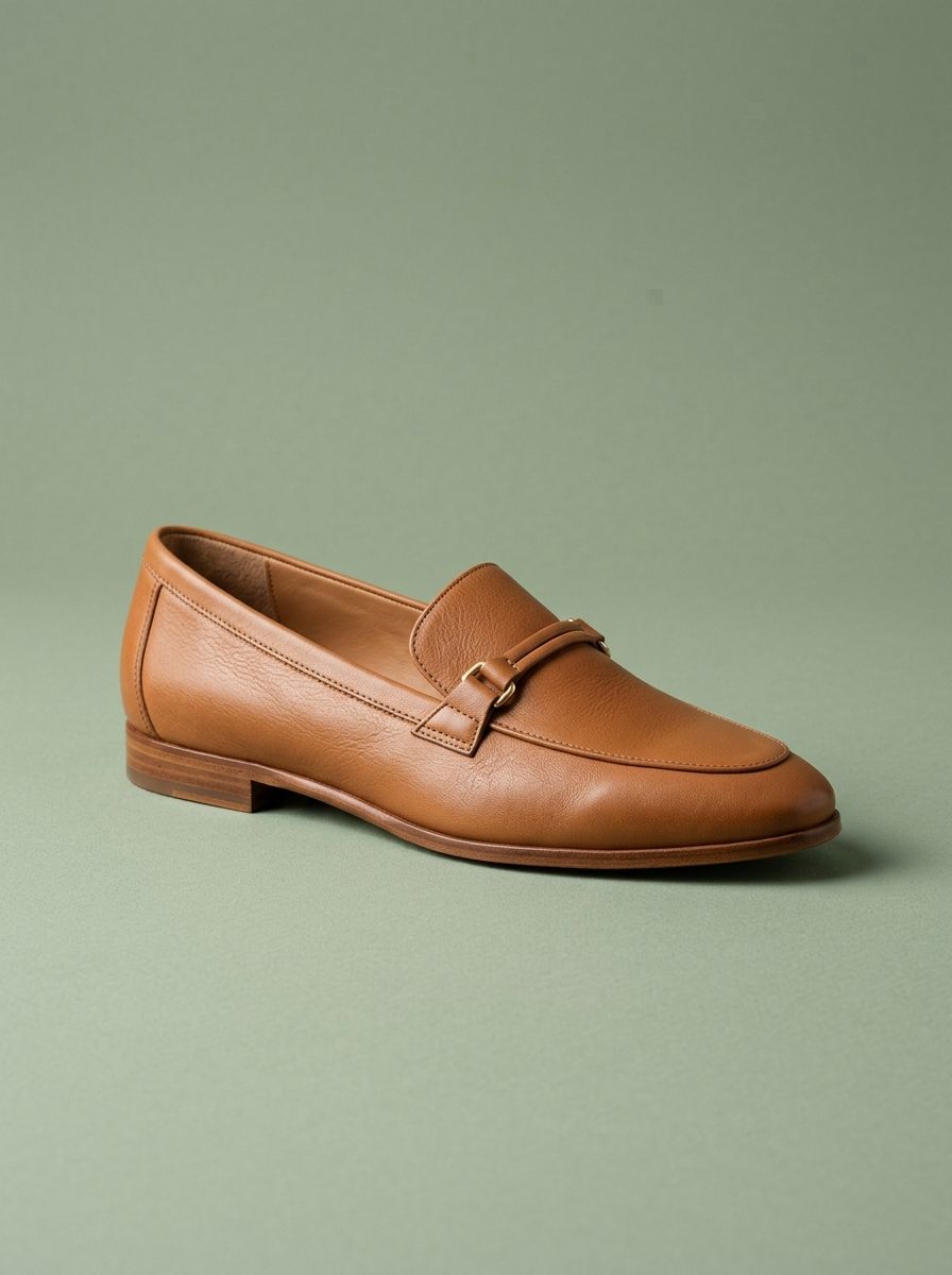 Tan leather loafer on a sage green background