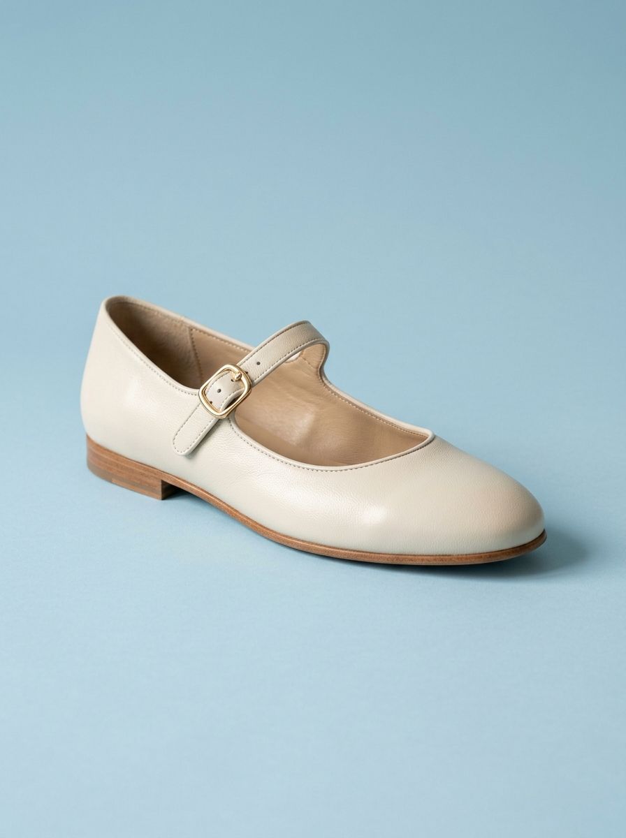 Cream leather Mary Jane flat on a powder blue background