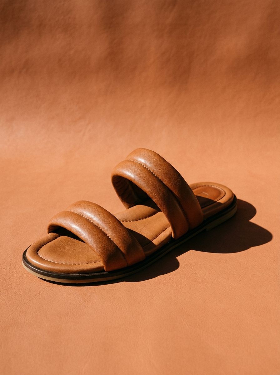 Cognac two-strap leather sandal on a terracotta background