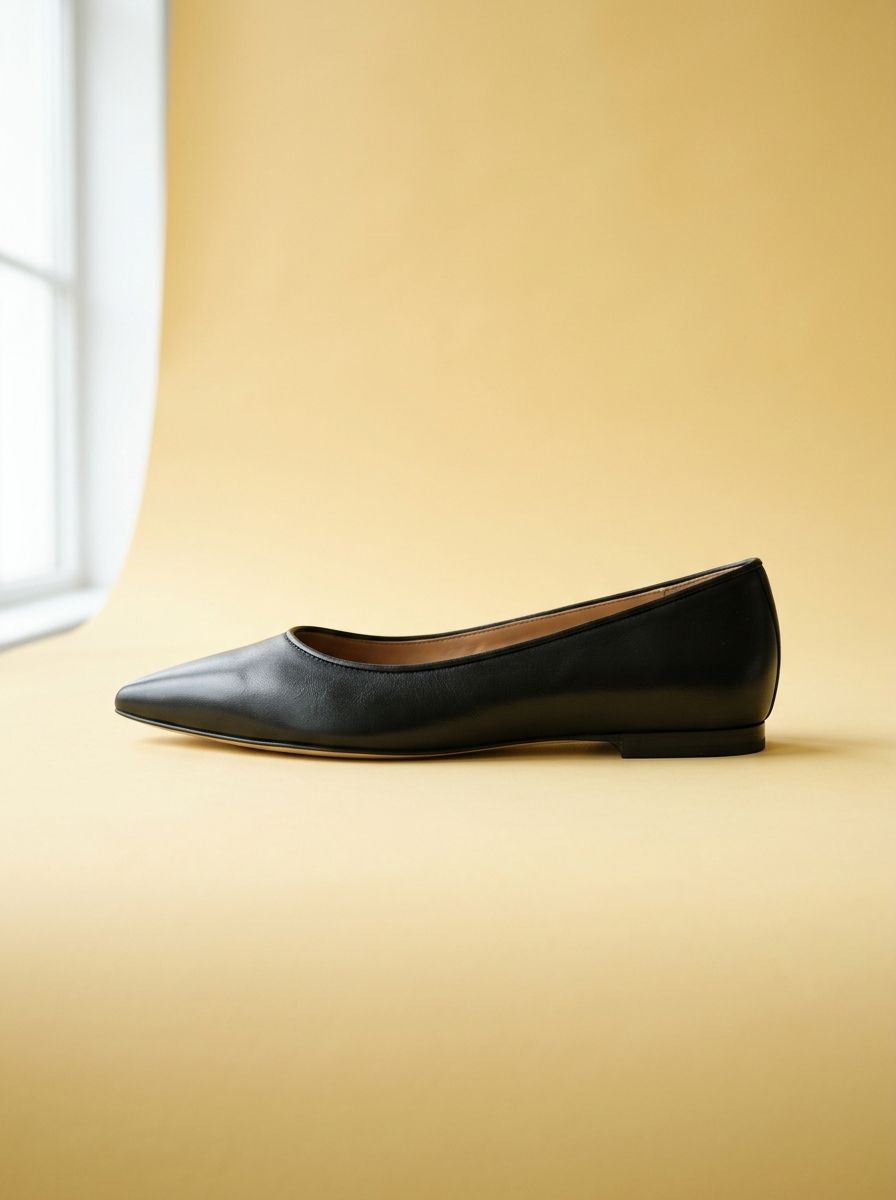 Black leather pointed flat on a butter yellow background