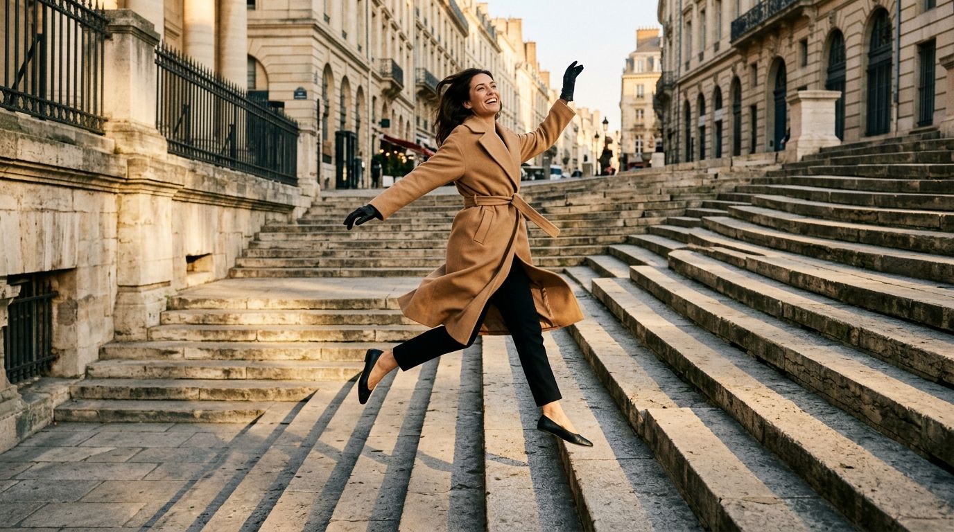 A woman in a camel coat bounding up wide stone city steps